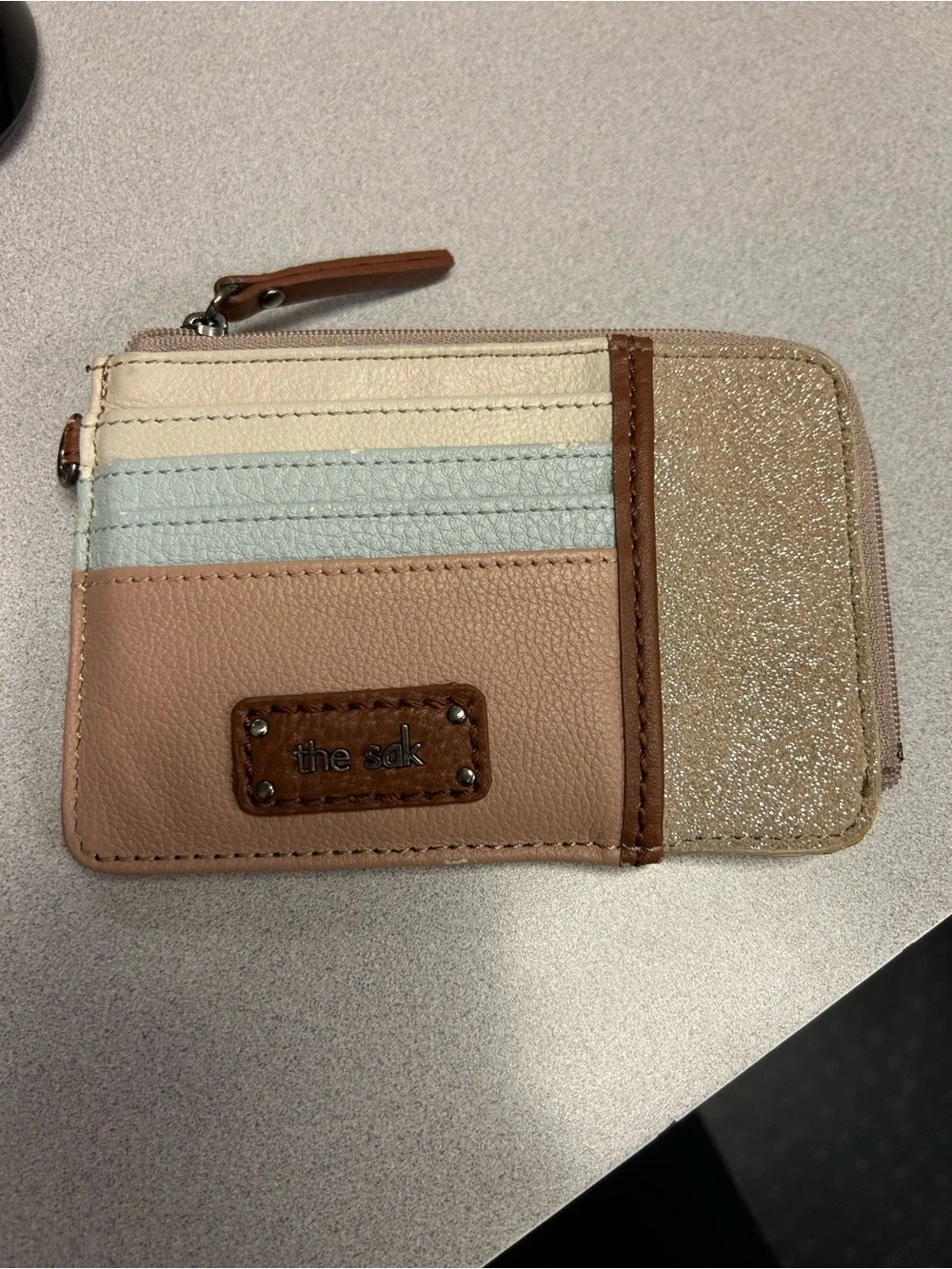 The Sak Small Card Holder in Pink, Cream, Light Blue and Gold Glitter
